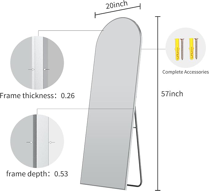 57" x 20" Arched Full Length Mirror - Wall Mounted/Floor Mirror Aluminum Alloy Frame Full Body Mirrors for Bathroom Living Room Bedroom and Entryway,Sliver