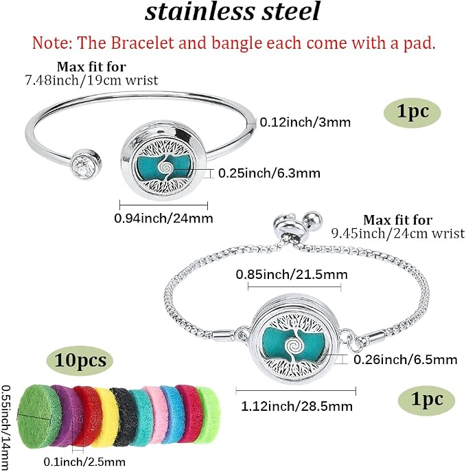 SUNNYCLUE 1 Box 2 Sets Essential Oil Bracelets Tree of Life Bangle Bracelet with 10Pcs Refill Pads Aromatherapy Diffuser Stainless Steel Adjustable Chain Band Pendant Jewelry for Women Gifts Birthday