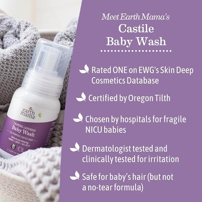 Earth Mama Calming Lavender Baby Wash Liquid Foaming Hand Soap, Organic All-Purpose Lavender Body Wash for Sensitive Skin, Castile Soap with Coconut Oil, Shea Butter, Calendula, & Aloe, 5.3Fl Oz (2PK)