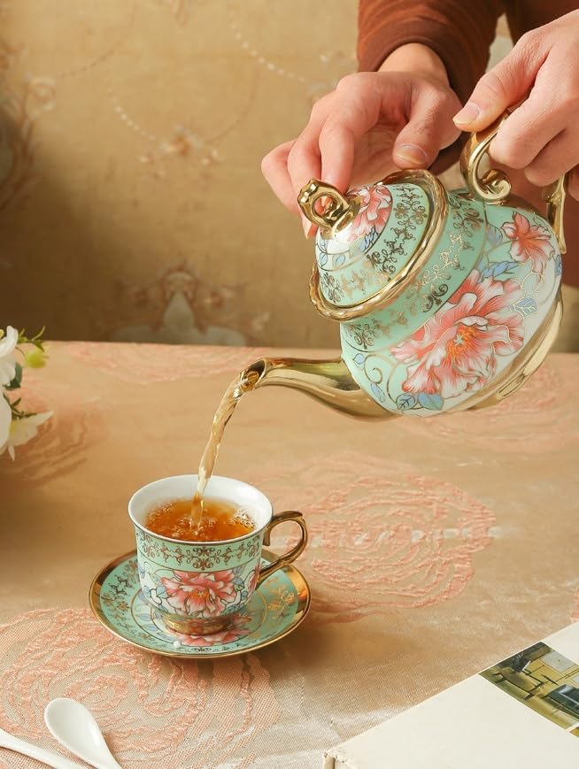 20 Pcs Porcelain Tea Set with Metal Holder, Adult Tea Set Gift, European Ceramic Tea Set for Adults, Enamel Flower Tea Cup Saucer Set for Party With Gold Flower Painting (Fresh Green)