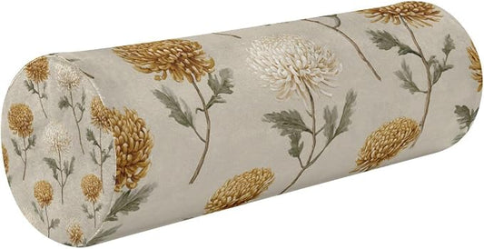Beige Vintage Chrysanthemum Neck Roll Pillow Bolster Round Health Memory Foam Long Cervical Cylinder Pillows with Removable Washable Cover for Body Bed Legs Back Yoga