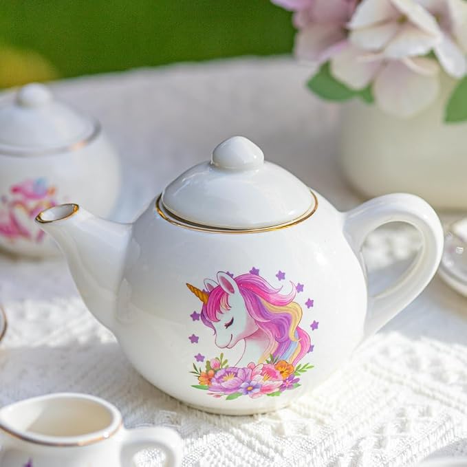 TUZT Porcelain Tea Party Set for Little Girls Kids Toddlers, 13Pcs Unicorn Tea Set - Teapot & Cup & Saucer & Suitcase,Pretend Play Toys Kitchen Set - Christmas Birthday Gift for Girls