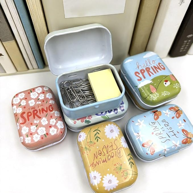 8Pcs Metal Hinged Tin Box Container Floral Farmhouse Rustic Mini Portable Small Storage Container Kit with Lid for Home Storage 2.1x1.5x1 Inch (Pink)