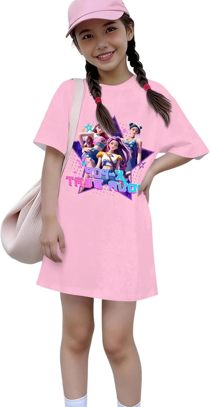 Girl's Anime K-POP Graphic Long Dress T-Shirt - Casual Loose Fit Short Sleeve Top