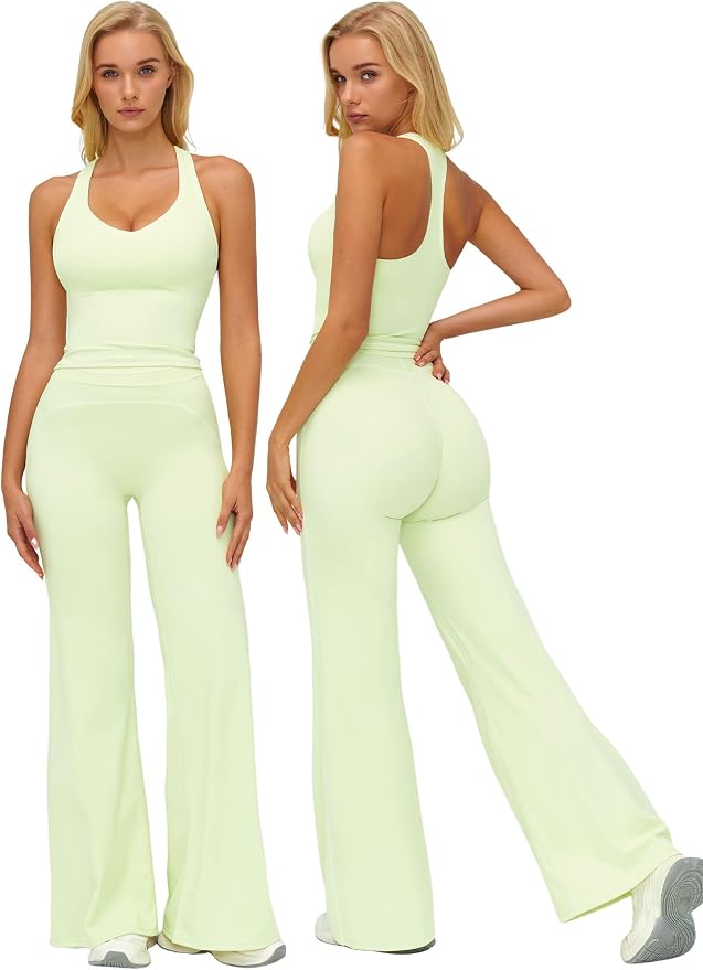 ABOCIW Two Piece Workout Sets for Women Racerback Tank Top Matching High Waist Wide Leg Yoga Pants Pilates Outfits