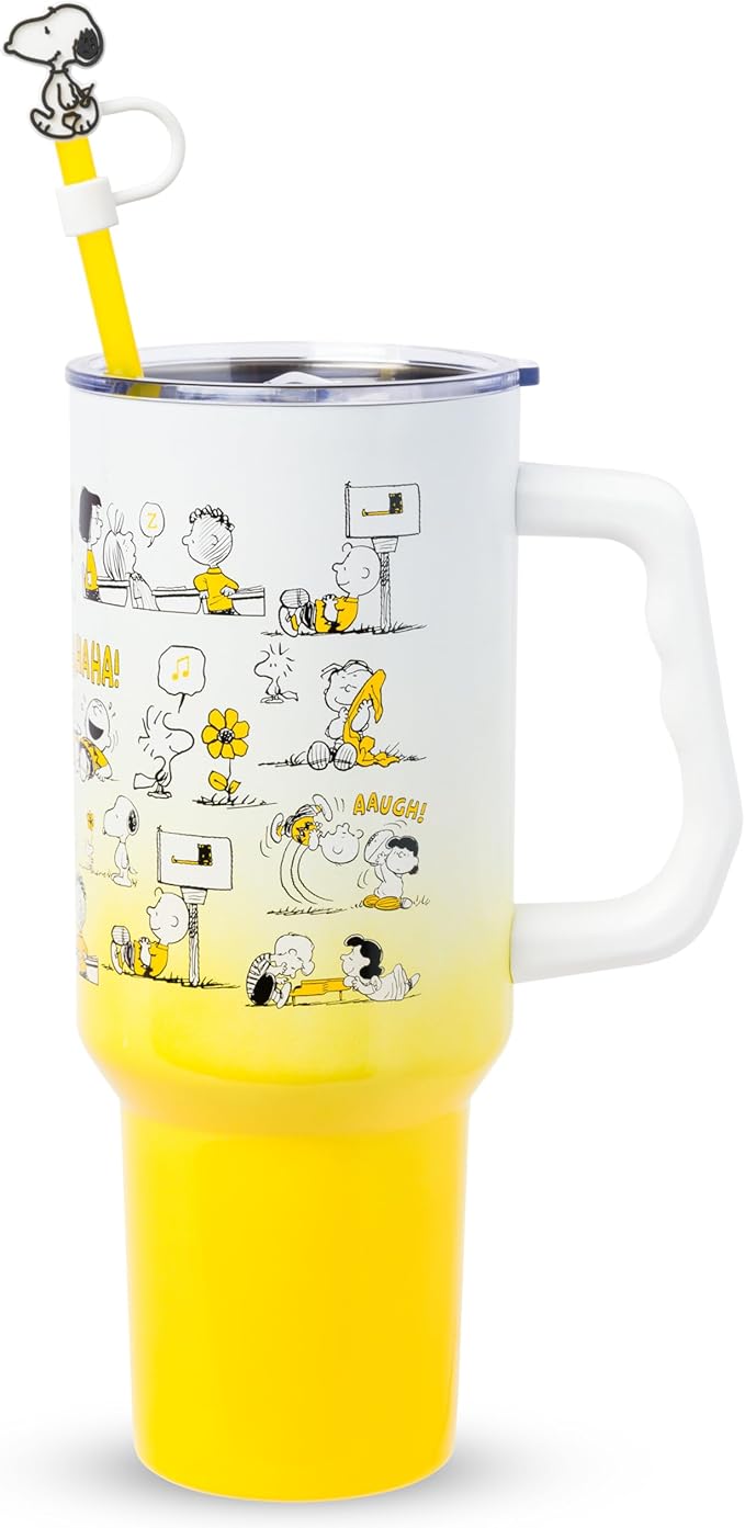 Silver Buffalo Peanuts Iconic Scenes Charlie Brown, Snoopy, Woodstock, Lucy, Sally, Linus Double Walled Stainless Steel Tumbler with Handle, Straw, & Straw Cap, Fits in Standard Cup Holder, 40 Ounces