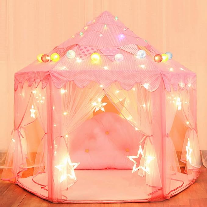wilwolfer Princess Tent for Girls with Large Star Lights, Kids Play Tent Large Space Playhouse for Children Indoor Games, Gift Toy for Kids Girls & Boys