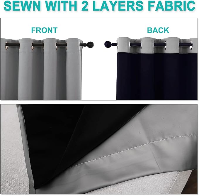 NICETOWN Total Shade Curtains and Draperies, Heavy-Duty Full Light Shading Drapes with Black Liner Backing for Villa/Hall/Dorm Window（Silver Grey, Package of 2 Panels, 55 inches Wide x 96 inches Long