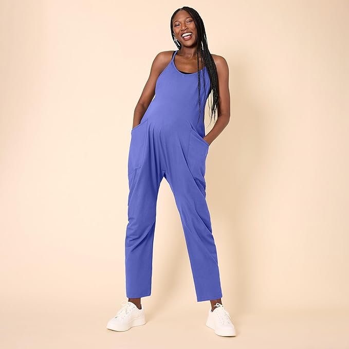 Motherhood Maternity womens Casual Baggy Sleeveless V-neck Pregnancy Romper Jumpsuit With Loose Spaghetti Straps and Pockets