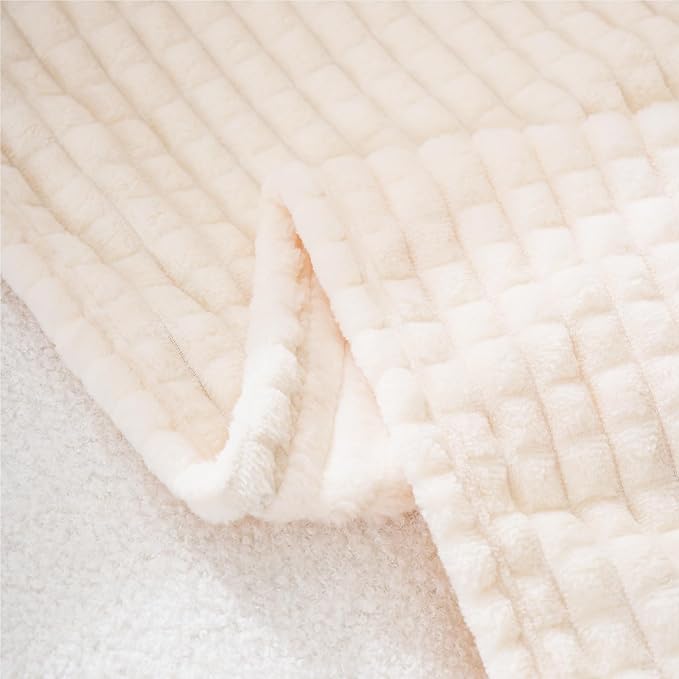 Puncuntex Fleece Throw Blanket Cream White 60"×80" with Square Grid Design | Super Soft Plush Cozy Flannel Throw Blanket Luxury for Couch Sofa Chair