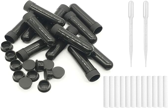 12PCS Essential Oil Aromatherapy Blank Nasal Inhaler Tubes (Includes 12 inhalers+12 unscented Wicks+2 Plastic Droppers)-Black.