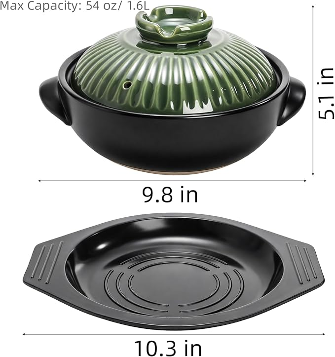 Okllen Large Korean Ceramic Bowl with Lid and Trivet, 54 oz Clay Pot for Cooking, Sizzling Hot Pot for Dolsot Bibimbap, Soup, Casserole, Rice, Stew, Noodle，Retro Green
