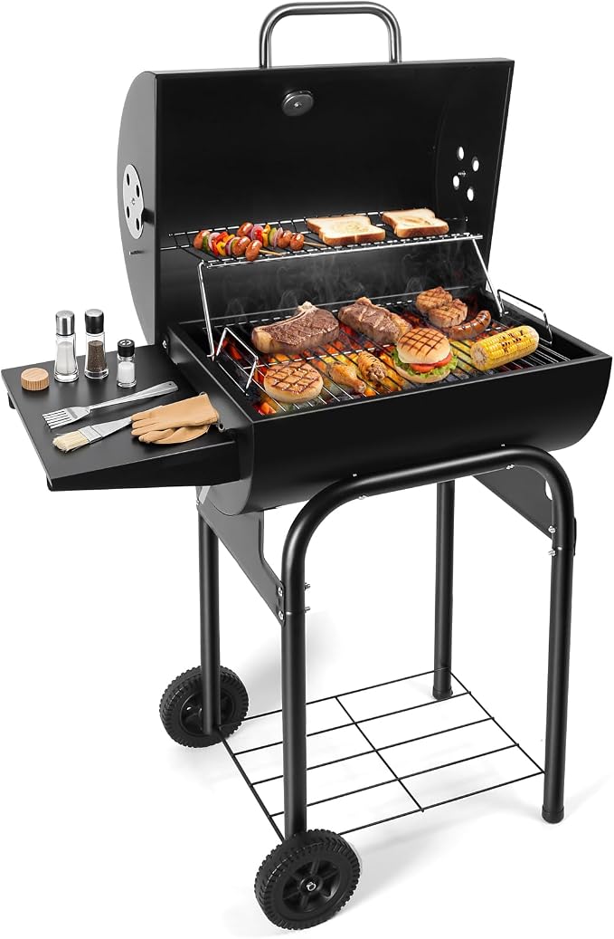 Barrel Barbecue Charcoal Grill: Premium Spacious Outdoor BBQ Grill | with Side Table - Ideal for Patio Cooking Backyard Grilling Camping Picnics Tailgating Parties