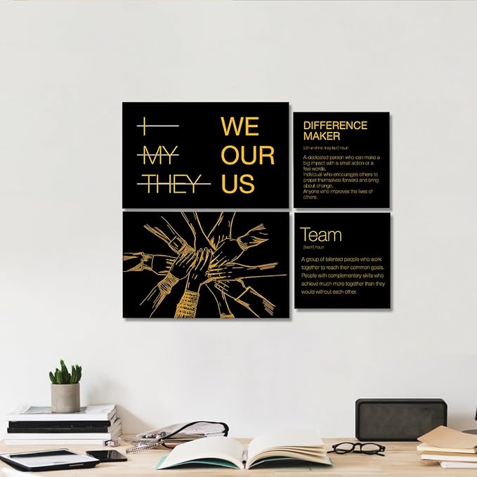 YEOION Motivational Office Wall Art,Inspirational Teamwork Wall Art for Office,Black and Yellow Positive Teamwork Wall Decor for Workplace Set of 6
