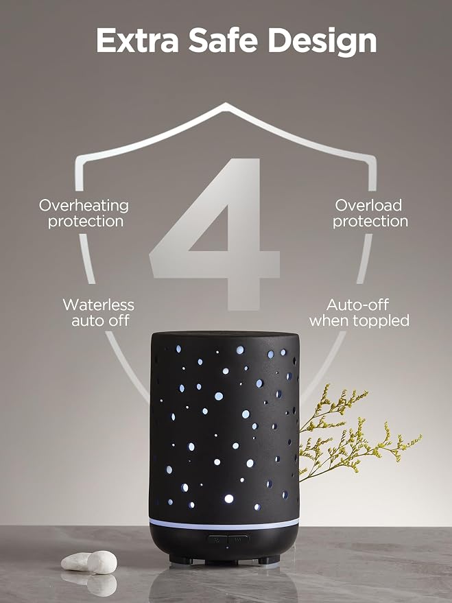 InnoGear Essential Oil Diffuser, 150ml Ceramic Diffuser Ultrasonic Air Diffusers Humidifier Cool Mist Aromatherapy Diffuser with 2 Mist Modes Waterless Auto Off for Home Office, Black