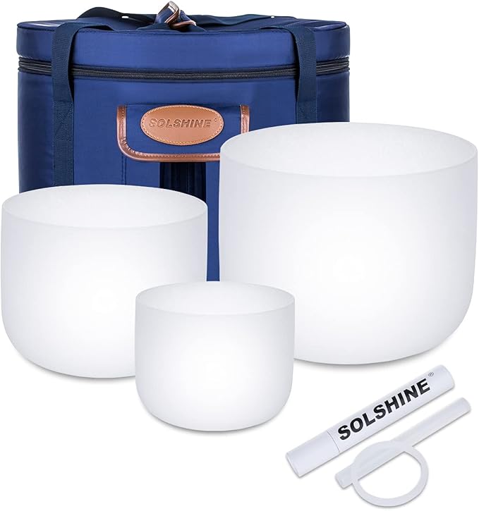 SOLSHINE 3PCS 8inch 10inch 12inch Crystal Singing Bowl Set 432Hz,Ｃ F B Chakra Tuned with Sounds Bowl Mallet Suede Strikers and O-rings, Carry Bag for Meditation, Yoga, Spiritual, Body Healing