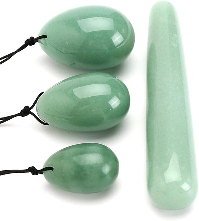 AITELEI 4Pcs Set Jade Yoni Eggs Stick,3 Pcs Drilled Natural Green Aventurine Quartz Crystal Jade Eggs Massage Stone + 1 Pcs Massage Stick for Women Kegel Exercise Strengthen Pelvic Floor Muscles