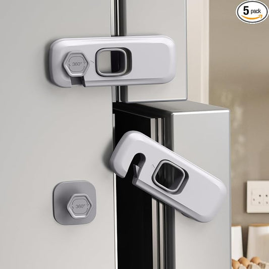 5 Pack Child Proof Refrigerator Lock, QYESWHSR Fridge Locks for Kids with Sticky Adhesive Pads, Child Safety Locks for Doors, RV Refrigerator, Oven Lock Child Safety Baby Cabinet Locks - Grey Updated