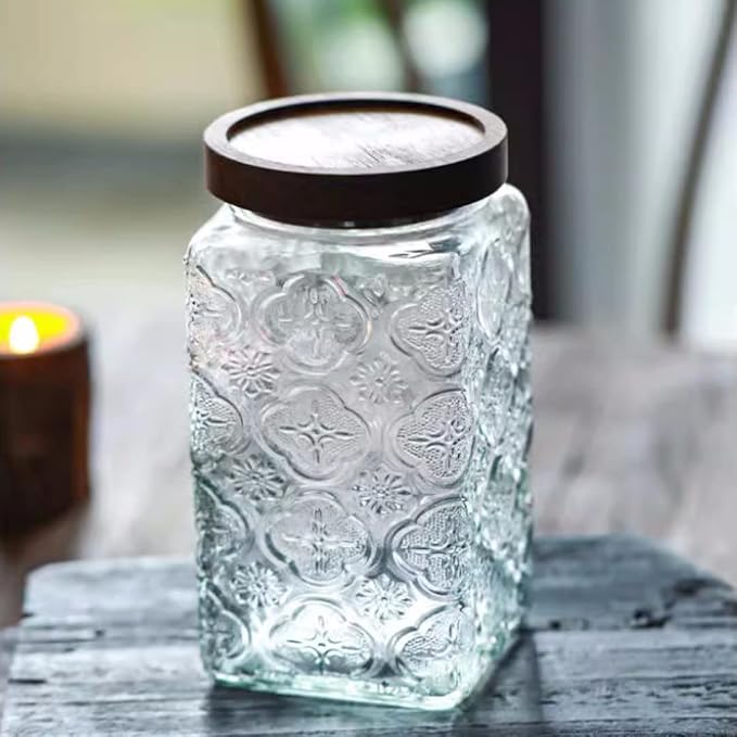 Vintage Glass Storage Jar, 34oz Square Coffee Cainster | Glass Food Storage Container with Lid, Airtight Kitchen Canister for Coffee, Cookie, Tea, Sugar, Candy, Decorative Mason Jar