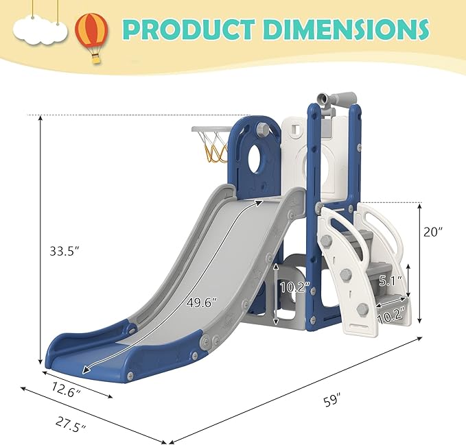kinbor 6 in 1 Toddler Slide PlaySet - Indoor Outdoor Fun for Kids Ages 1-3, Includes Basketball Hoop, Telescope, Storage & Climber, Safe, Sturdy Baby Slide for Backyard Playground, Blue