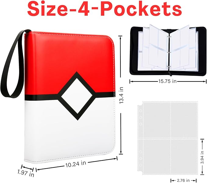 Card Binder with 4 Pockets with Zipper for 50 Pages, 400 Removable Pocket PU Waterproof Trading Collection Binder, 3 Rings Zipper Portable Card Album for MTG TCG Sports Cards Game Cards as Gift, Red