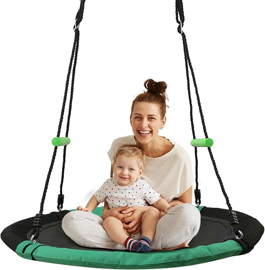 YSEJOMP 3.3FT Round Tree/Saucer Swing with Handles -Made of Sturdy Frame,PP Mat,Adjustable Multi-Strand Ropes,Safe and Durable for Yard Garden Playground Park (Black and Dark Green, 40 inches)