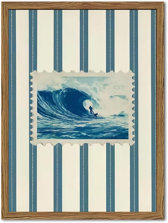 Vintage Surf Stripe Wall Art Trendy Coastal Wall Decor Painting Blue and White Beach Surf Poster Canvas Print for Bedroom Living Room Bathroom 12x16 inch Wood Framed
