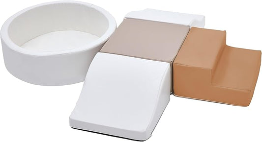 Foam Climbing Blocks for Toddler: with 4-Piece PU Leather Climbing Toys and a Ball Pit - Foam Ball Pit for Toddlers - Climbing Toys Indoor for Kids Crawling (Beige/Ivory Climbing Blocks)