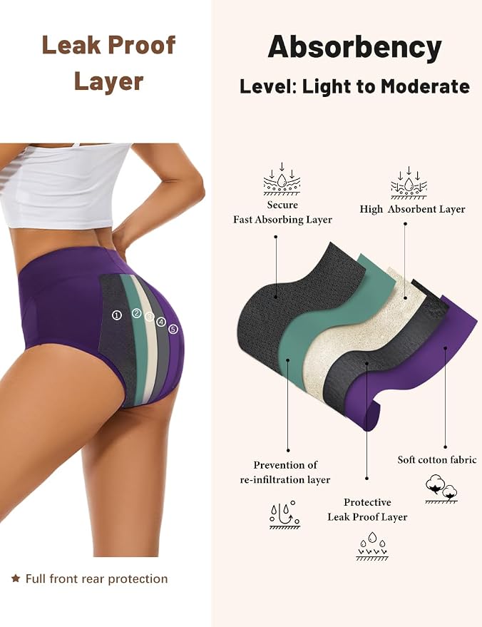 Allbase Period Underwear for Women Ladies Incontinence Protective Briefs High Absorbency Menstrual Leakproof Panties Postpartum Bladder Control Washable Cotton Briefs Multipack Small