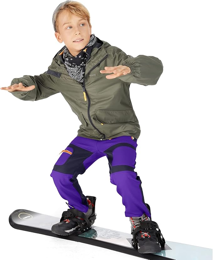 linlon Kids Boy's Snow Waterproof Pants Youth Fleece Lind Hiking Softshell Warm Insulated Trousers