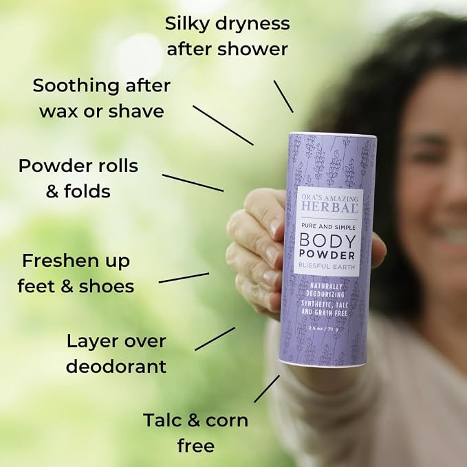 Talc Free Body Powder for Women, Lavender Clary Sage Vetiver Essential Oils, Dusting Powder, Cornstarch Free Talcum Powder, Waxing Bath Hair Powder, Ora’s Amazing Herbal, Blissful Earth 2.5 oz 3 Pack