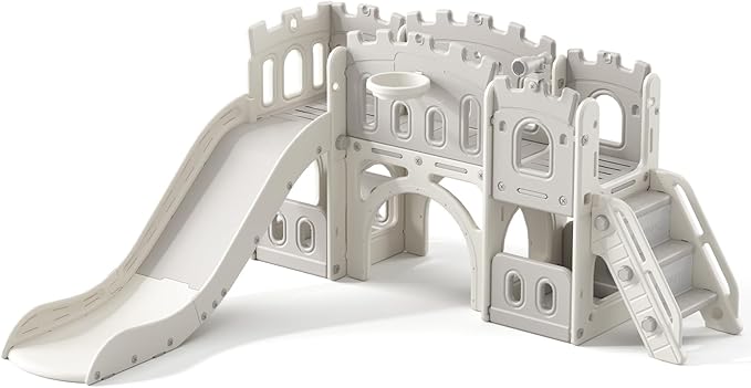 8 in 1 Toddler Slide, Castle-Themed Indoor Outdoor Playground for Toddlers Age 1+ with Extra-Long Slide, Basketball Hoop and Ball, Telescope, Tunnel, Storage Space, Baby Climber Playset, Grey