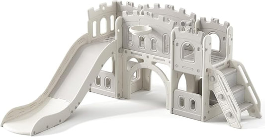 8 in 1 Toddler Slide, Castle-Themed Indoor Outdoor Playground for Toddlers Age 1+ with Extra-Long Slide, Basketball Hoop and Ball, Telescope, Tunnel, Storage Space, Baby Climber Playset, Grey