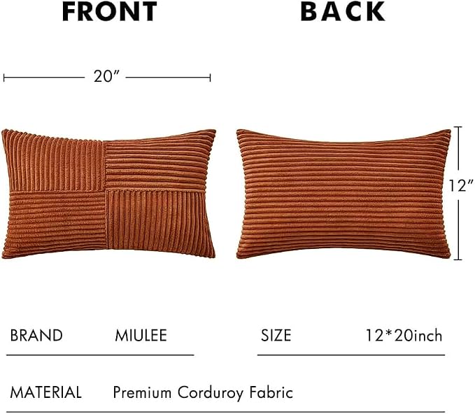 MIULEE Fall Rust Decorative Lumbar Throw Pillow Covers 12x20 Inch 2 Pack | Boho Farmhouse Pillow Covers, Soft Cross Corduroy Patchwork Textured Cushion Cases For Bed Sofa
