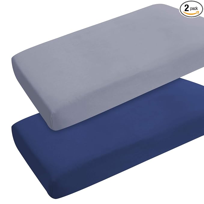 Pack and Play Sheets Boy Girl, 2 Pack Portable Playard Sheet Fits for Graco Pack N Play, Snug Fit Breathable Soft Fitted Playpen Sheet, Mini Crib Sheets, Grey & Navy
