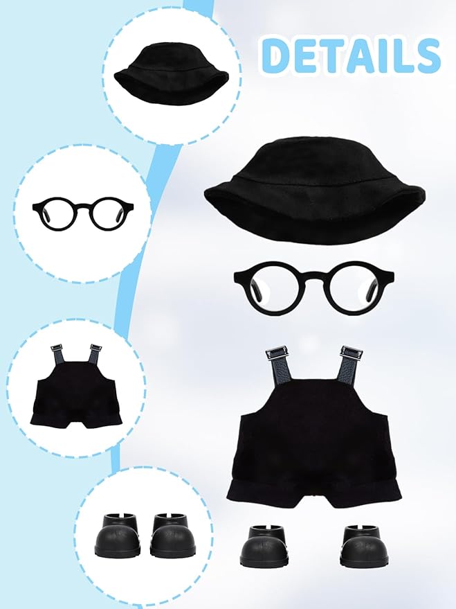 2PCS Doll Clothes Set for 17cm Dolls – Stylish Outfit with 2 Hat, 2 Overalls, 2 Shoes & 2 Glasses of Clothes Designer, Cute Clothes for Dress up Unique Style (Black+White) (Doll Not Included)