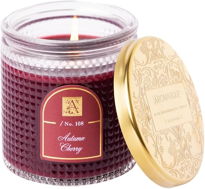 Aromatique Autumn Cherry Textured Glass Jar Candle Aromatherapy Home Fragrance Decor Long Lasting 40 Hr Burn Notes of Cherry, Apple, Cinnamon, Vanilla, Musk, Amber Luxury Office Home Gifts 6oz