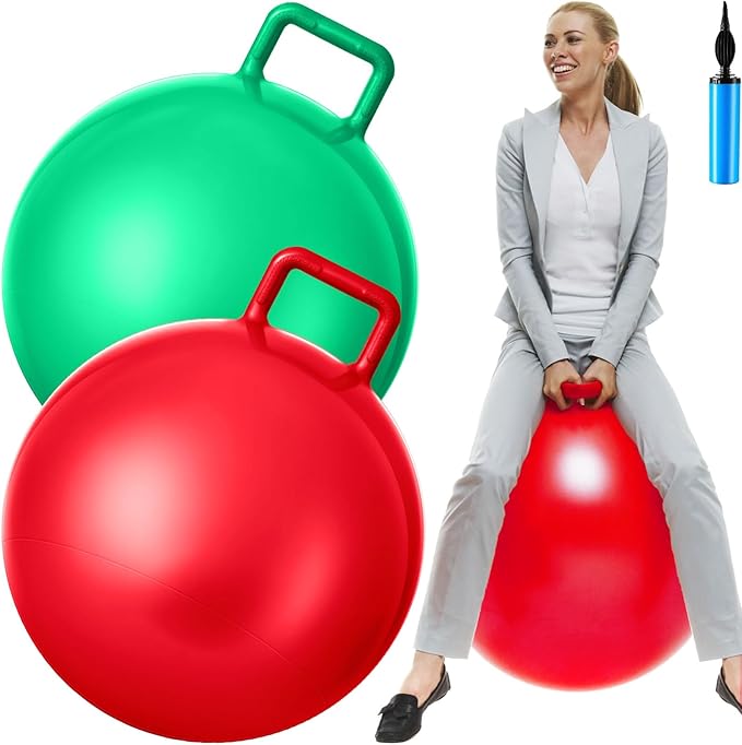Lewtemi 2 Pcs 31 Inch Big Hopper Ball Jumping Hopping Inflatable Bouncing Ball with Handle and Air Pump for Adults Carnival Outdoor Sports Game(Red, Green)