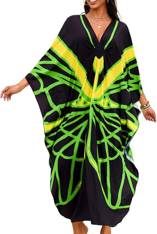 ChiaoLezhee Print Moo-Moos for Women, Kaftan Cover-Up Dresses, Sexy V-Neck High-Slit, Beach Pool-Party Coverups Muumuu Plus