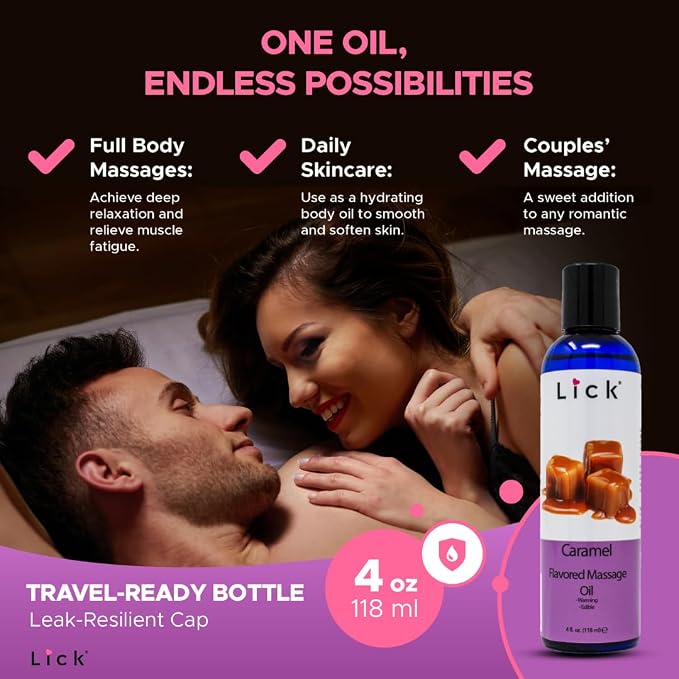 Lick Caramel Flavored Massage Oil – Warm Dessert Edible Massage Oil with Vitamin E, Smooth Body-Safe Texture for Intimate Couples Massage & Relaxation, 4 oz
