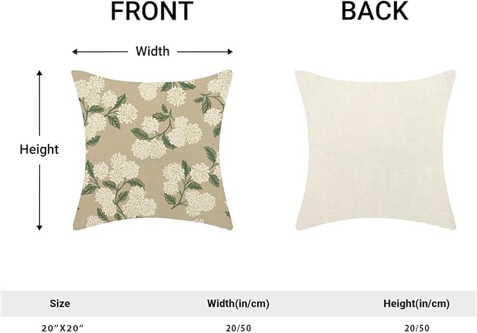 AEIOAE Spring Pillow Covers 20x20 Inch Set of 2, Beige Green Hydrangea Flower Throw Pillows Case,Floral Summer Outdoor Seasonal Decorative Farmhouse Decor Cushion Covers for Home Sofa Bed Couch