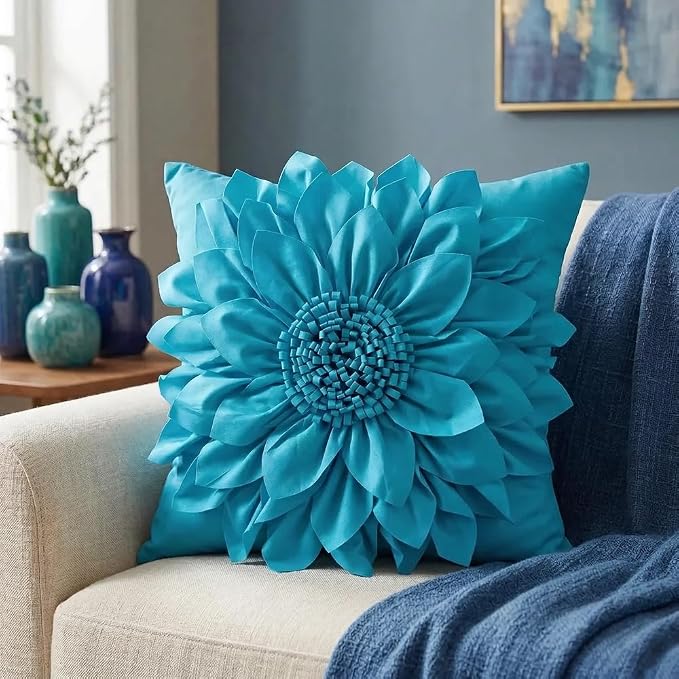 Teal Blue Accent Flower Decorative Throw Pillow Covers for Bed Sofa Couch | Bella's Giftshop Handmade Sunflower Taffeta Pillow Cases Living Room Bedroom Decor, 18x18 Inch