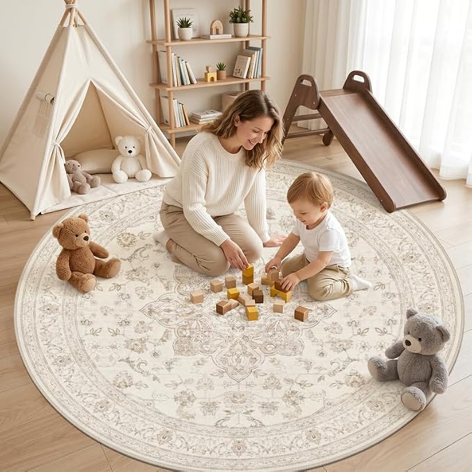 Round Area Rug for Living Room: 8ft Vintage Boho Neutral Washable Circle Rug Soft Large Circular Carpet for Bedroom Nursery Farmhouse Dining Room Office Floor Non-Slip Low Pile Under Table Beige White