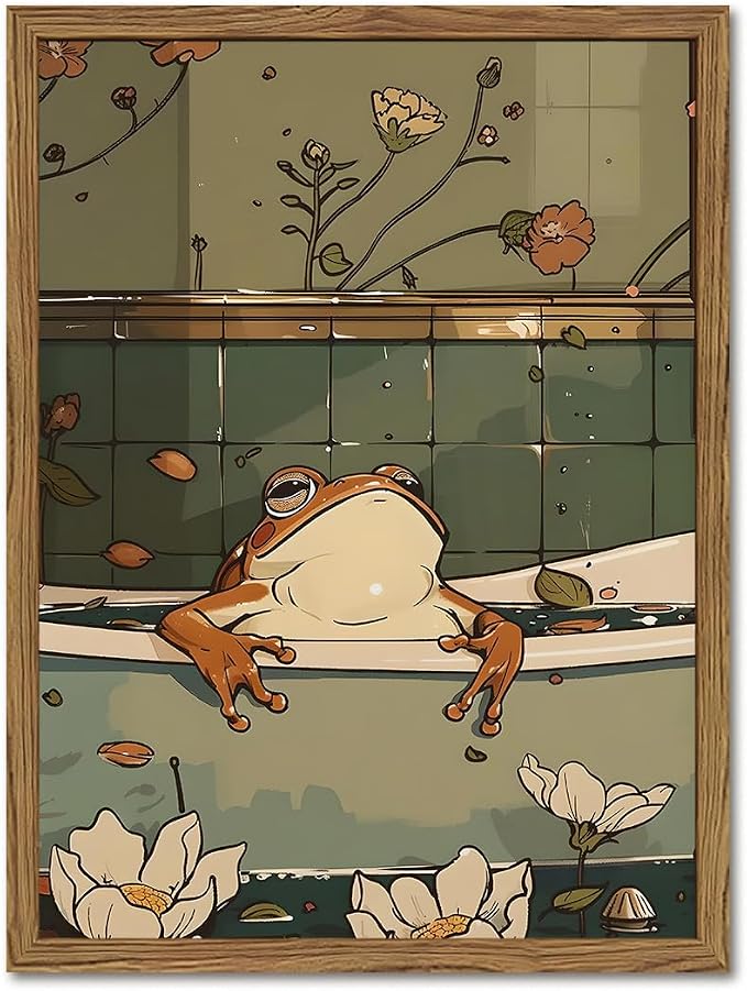 Funny Japanese Frog Bathroom Wall Art Whimsical Frog in Bathtub Wall Decor Painting Cute Animal Bathroom Poster Canvas Print Picture 16x24 inch Wood Framed