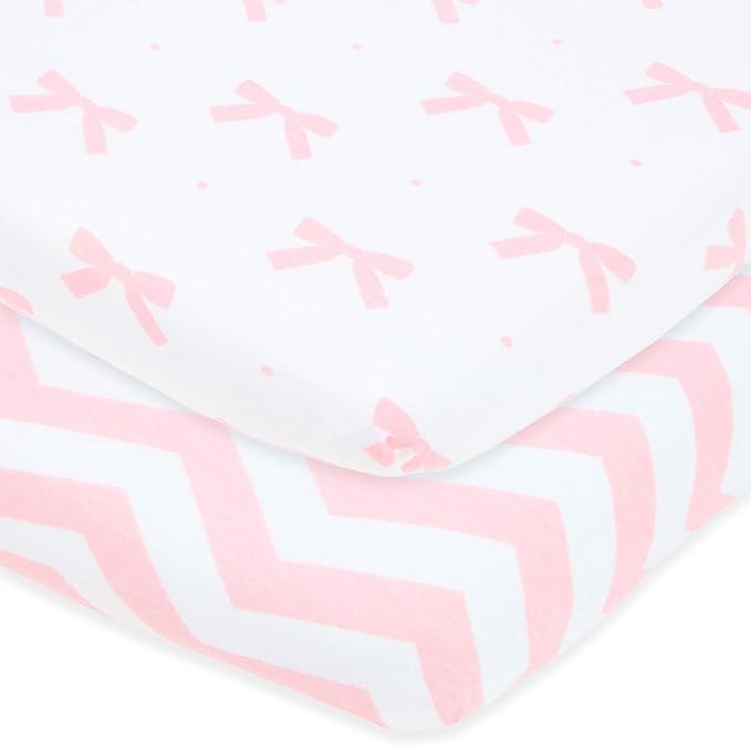 Joey + Joan Pack and Play Sheets Fitted – for Graco Pack n Play Playard – 2 Pack – Buttery Soft 100% Cotton Mini Crib Mattress Sheets Set for Baby Girl – Pink Bows, Chevron
