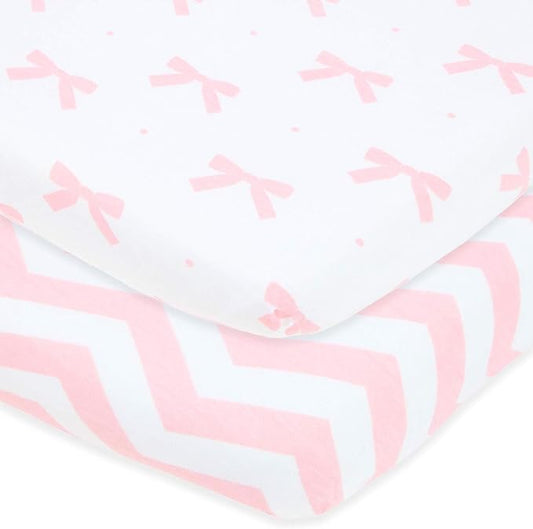 Joey + Joan Pack and Play Sheets Fitted – for Graco Pack n Play Playard – 2 Pack – Buttery Soft 100% Cotton Mini Crib Mattress Sheets Set for Baby Girl – Pink Bows, Chevron