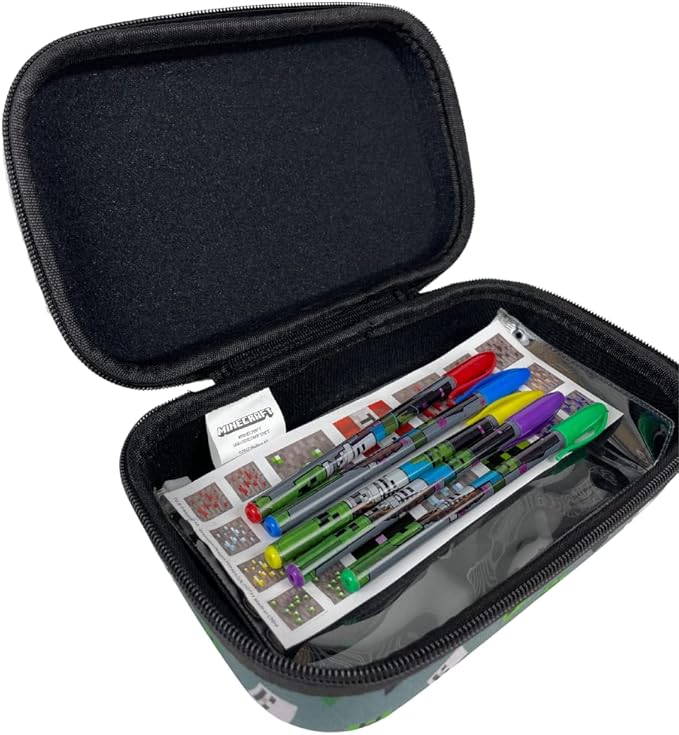 Innovative Designs Minecraft Pencil Case Set with Stickers and Gel Pens for Kids, Molded with Zip Closure