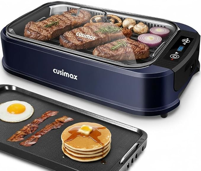 Electric Indoor Grill Griddle, CUSIMAX Smokeless Grill, Blue | with Turbo Smoke Extractor Technology, Smart LED Display & Adjustable Temperature, Non-stick Removable Plate & Griddle Plates