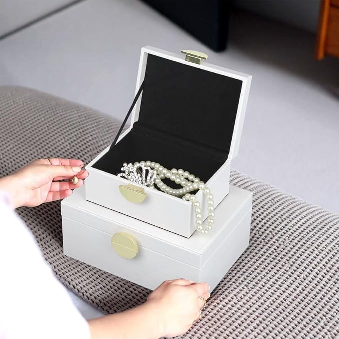 HofferRuffer Faux Leather Jewelry Boxes, Decorative Boxes Storage Accessory Organizer with Gold Hardware Decor, Classic Vegan Leather Set of 2 Pieces (White)