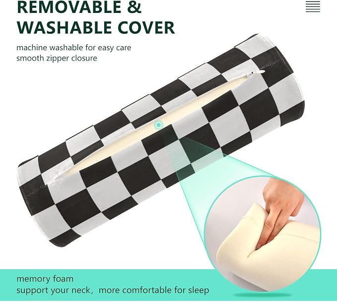 Checkered Black Neck Roll Pillow Bolster Round Health Memory Foam Long Cervical Cylinder Pillows with Removable Washable Cover for Body Bed Legs Back Yoga